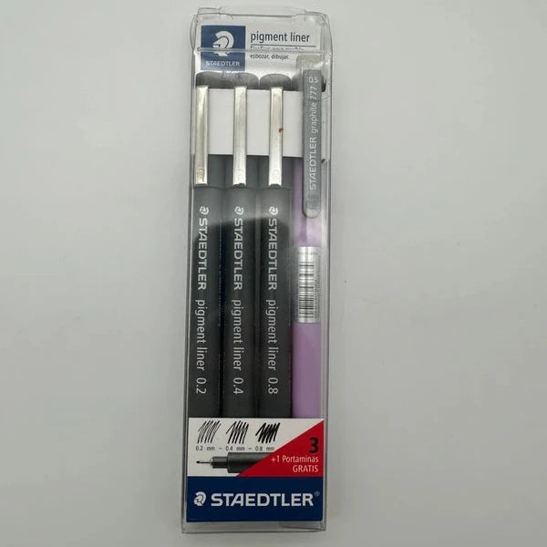 Set Staedtler Pigment Liner de 3 stylos techniques 0.2 0.4 0.8 + porte-mine Graphite 777 0.5
